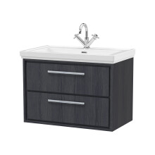 Longnor 2 Drawer Wall Hung Vanity Unit with 1 Tap Hole Traditional Fireclay Basin, Woodgrain Graphite Grey, 800mm