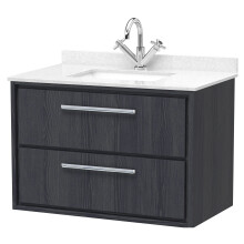 Longnor 2 Drawer Wall Hung Vanity Unit with Square Basin and Marble Worktop, Woodgrain Graphite Grey, 800mm