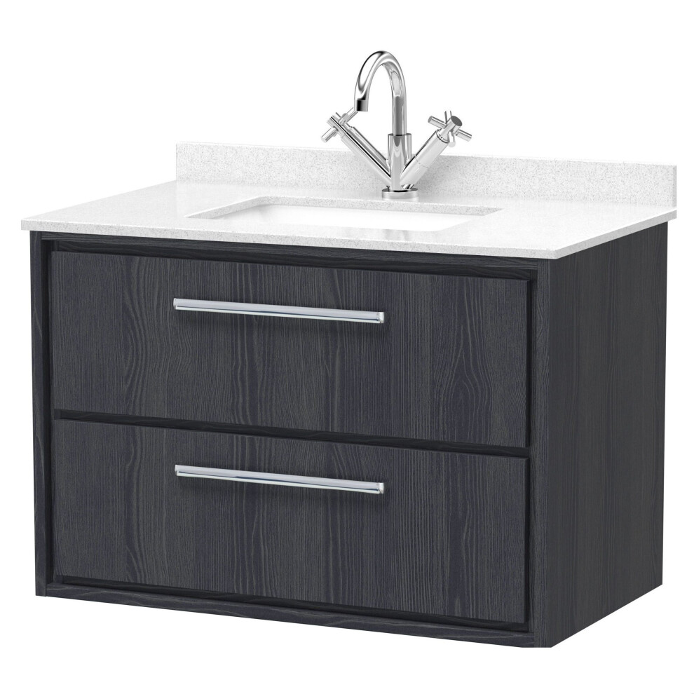 Balterley Longnor 2 Drawer Wall Hung Vanity Unit With Square Basin And Marble Worktop, Woodgrain Graphite 800Mm Grey