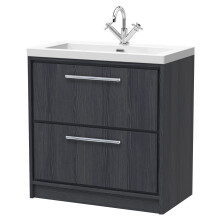 Longnor 2 Drawer Floor Standing Vanity Unit with 1 Tap Hole Modern Fireclay Basin, Woodgrain Graphite Grey, 800mm