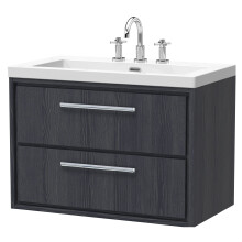 Longnor 2 Drawer Wall Hung Vanity Unit with 3 Tap Hole Modern Fireclay Basin, Woodgrain Graphite Grey, 800mm