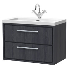 Longnor 2 Drawer Wall Hung Vanity Unit with 1 Tap Hole Modern Fireclay Basin, Woodgrain Graphite Grey, 800mm