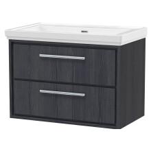 Longnor 2 Drawer Wall Hung Vanity Unit with 0 Tap Hole Traditional Fireclay Basin, Woodgrain Graphite Grey, 800mm