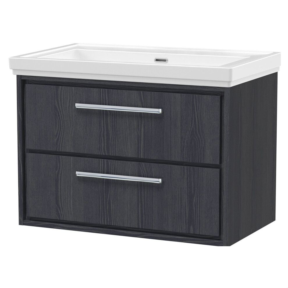 Balterley Longnor 2 Drawer Wall Hung Vanity Unit With 0 Tap Hole Traditional Fireclay Basin, Woodgrain Graphite 800Mm Grey