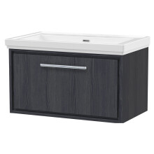 Longnor 1 Drawer Wall Hung Vanity Unit with 0 Tap Hole Traditional Fireclay Basin, Woodgrain Graphite Grey, 800mm