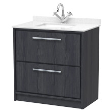 Longnor 2 Drawer Floor Standing Vanity Unit with Square Basin and Marble Worktop, Woodgrain Graphite Grey, 800mm