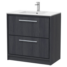Longnor 2 Drawer Floor Standing Vanity Unit with 1 Tap Hole Minimalist Basin, Woodgrain Graphite Grey, 800mm