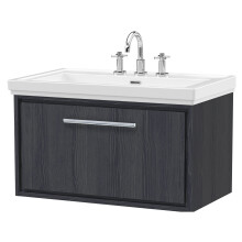 Longnor 1 Drawer Wall Hung Vanity Unit with 3 Tap Hole Traditional Fireclay Basin, Woodgrain Graphite Grey, 800mm