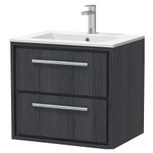 Longnor 2 Drawer Wall Hung Vanity Unit with 1 Tap Hole Minimalist Basin, Woodgrain Graphite Grey, 600mm