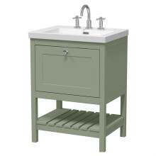 Coppenhall Contemporary 1 Drawer Floor Standing Vanity Unit with Fireclay Basin, Fern Green, 600mm