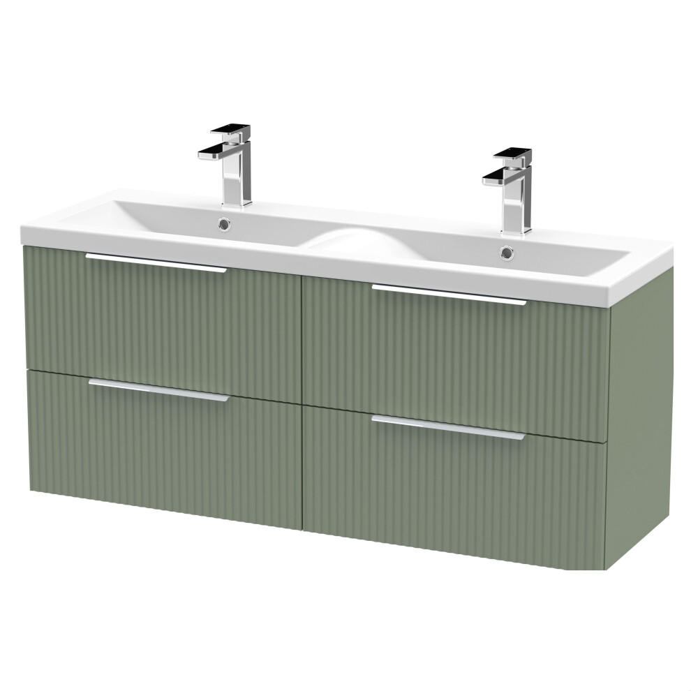 Balterley Tixall Fluted 4 Drawer Wall Hung Vanity Unit With Double Basin, Satin Green, 1200Mm