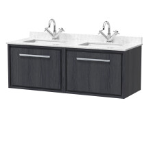 Longnor 2 Drawer Wall Hung Vanity Unit with Square Basin and Marble Worktop, Woodgrain Graphite Grey, 1200mm