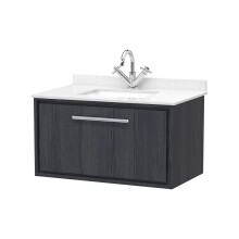 Longnor 1 Drawer Wall Hung Vanity Unit with Square Basin and Marble Worktop, Woodgrain Graphite Grey, 800mm