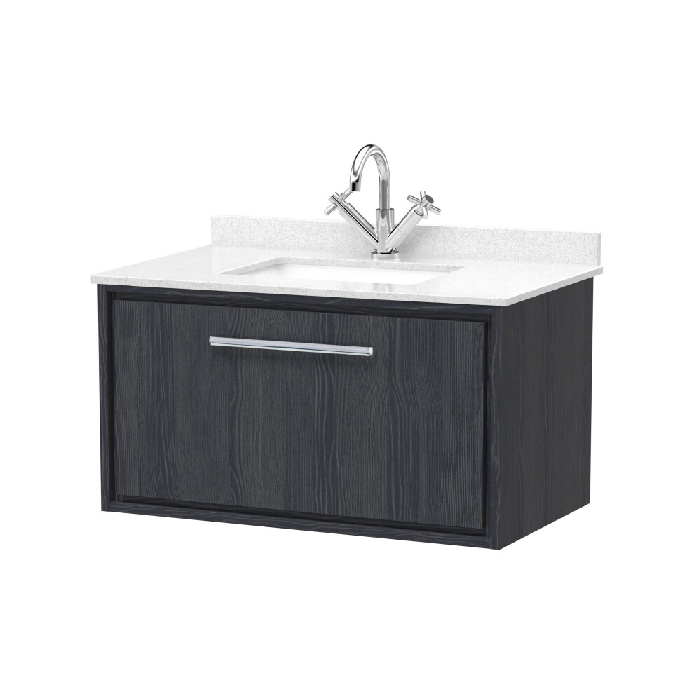 Balterley Longnor 1 Drawer Wall Hung Vanity Unit With Square Basin And Marble Worktop, Woodgrain Graphite 800Mm Grey