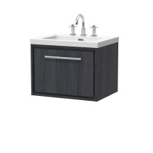 Longnor 1 Drawer Wall Hung Vanity Unit with 3 Tap Hole Modern Fireclay Basin, Woodgrain Graphite Grey, 600mm