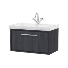 Longnor 1 Drawer Wall Hung Vanity Unit with 1 Tap Hole Traditional Fireclay Basin, Woodgrain Graphite Grey, 800mm