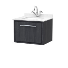 Longnor 1 Drawer Wall Hung Vanity Unit with Square Basin and Marble Worktop, Woodgrain Graphite Grey, 600mm