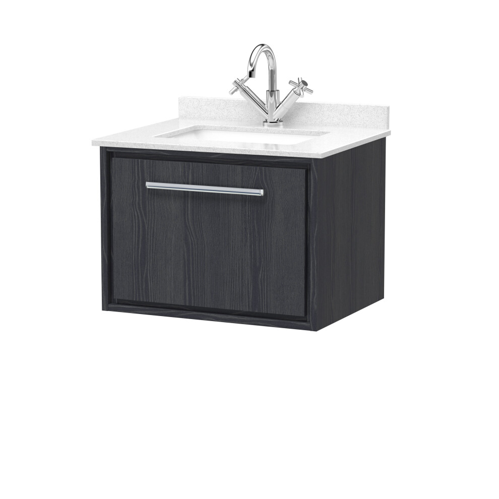 Balterley Longnor 1 Drawer Wall Hung Vanity Unit With Square Basin And Marble Worktop, Woodgrain Graphite 600Mm Grey