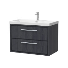 Longnor 2 Drawer Wall Hung Vanity Unit with 1 Tap Hole Thin Edge Basin, Woodgrain Graphite Grey, 800mm
