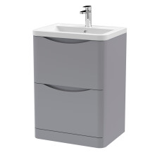 Dunwood Contemporary 2 Drawer Floor Standing Vanity Unit with Basin, Satin Grey, 600mm
