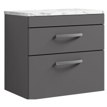Millwich Contemporary 2 Drawer Wall Hung Vanity Unit with Laminate Carrara Marble Worktop, Gloss Grey, 600mm