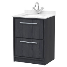 Longnor 2 Drawer Floor Standing Vanity Unit with Square Basin and Marble Worktop, Woodgrain Graphite Grey, 600mm