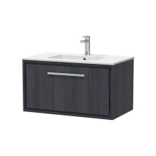 Longnor 1 Drawer Wall Hung Vanity Unit with 1 Tap Hole Minimalist Basin, Woodgrain Graphite Grey, 800mm