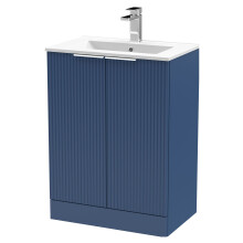 Tixall Fluted 2 Door Floor Standing Vanity Unit with Minimalist Basin, Satin Blue, 600mm