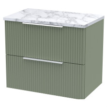 Tixall Fluted 2 Drawer Wall Hung Vanity Unit with Laminate Worktop, Satin Green, 600mm