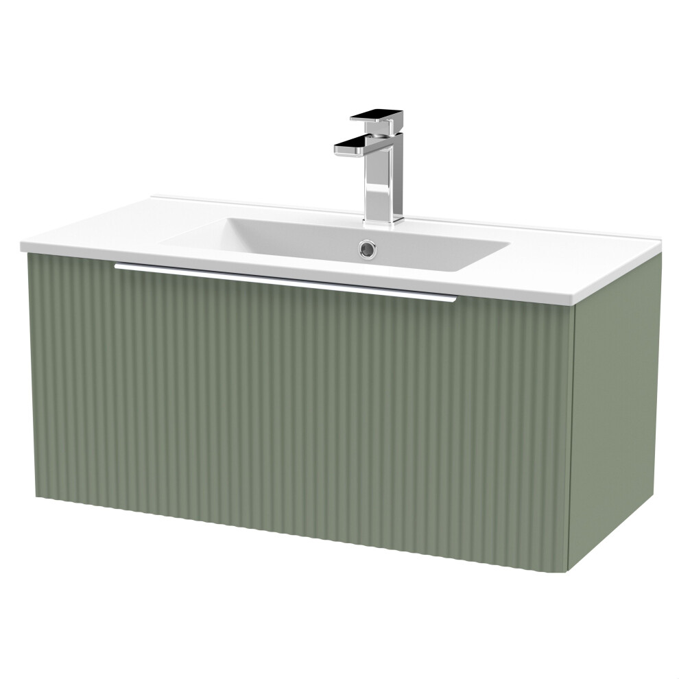 Balterley Tixall Fluted 1 Drawer Wall Hung Vanity Unit With Minimalist Basin, Satin Green, 800Mm