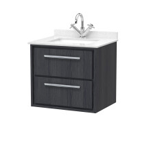 Longnor 2 Drawer Wall Hung Vanity Unit with Square Basin and Marble Worktop, Woodgrain Graphite Grey, 600mm