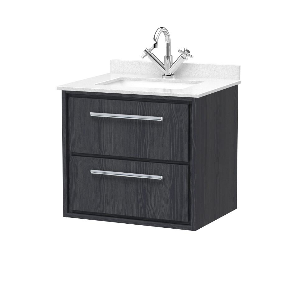 Balterley Longnor 2 Drawer Wall Hung Vanity Unit With Square Basin And Marble Worktop, Woodgrain Graphite 600Mm Grey