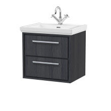 Longnor 2 Drawer Wall Hung Vanity Unit with 1 Tap Hole Traditional Fireclay Basin, Woodgrain Graphite Grey, 600mm