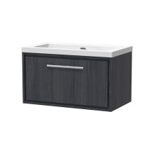 Longnor 1 Drawer Wall Hung Vanity Unit with 1 Tap Hole Modern Fireclay Basin, Woodgrain Graphite Grey, 800mm