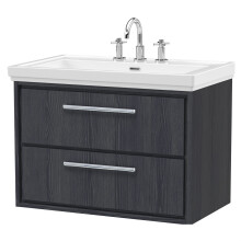 Longnor 2 Drawer Wall Hung Vanity Unit with 3 Tap Hole Traditional Fireclay Basin, Woodgrain Graphite Grey, 800mm