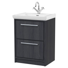 Longnor 2 Drawer Floor Standing Vanity Unit with 1 Tap Hole Traditional Fireclay Basin, Woodgrain Graphite Grey, 600mm