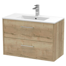 Winshill Contemporary 2 Drawer Wall Hung Vanity Unit with Minimalist Basin, Light Oak, 800mm