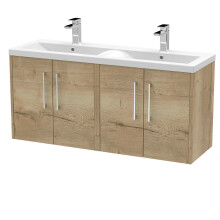 Winshill Contemporary 4 Door Wall Hung Vanity Unit with Double Basin, Light Oak, 1200mm