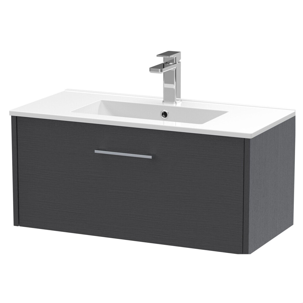 Balterley Winshill Contemporary 1 Drawer Wall Hung Vanity Unit With Minimalist Basin, Woodgrain Dark 800Mm Grey
