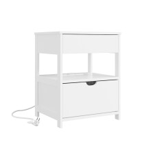 SoBuy White Bedside Table with USB, 2 Drawers