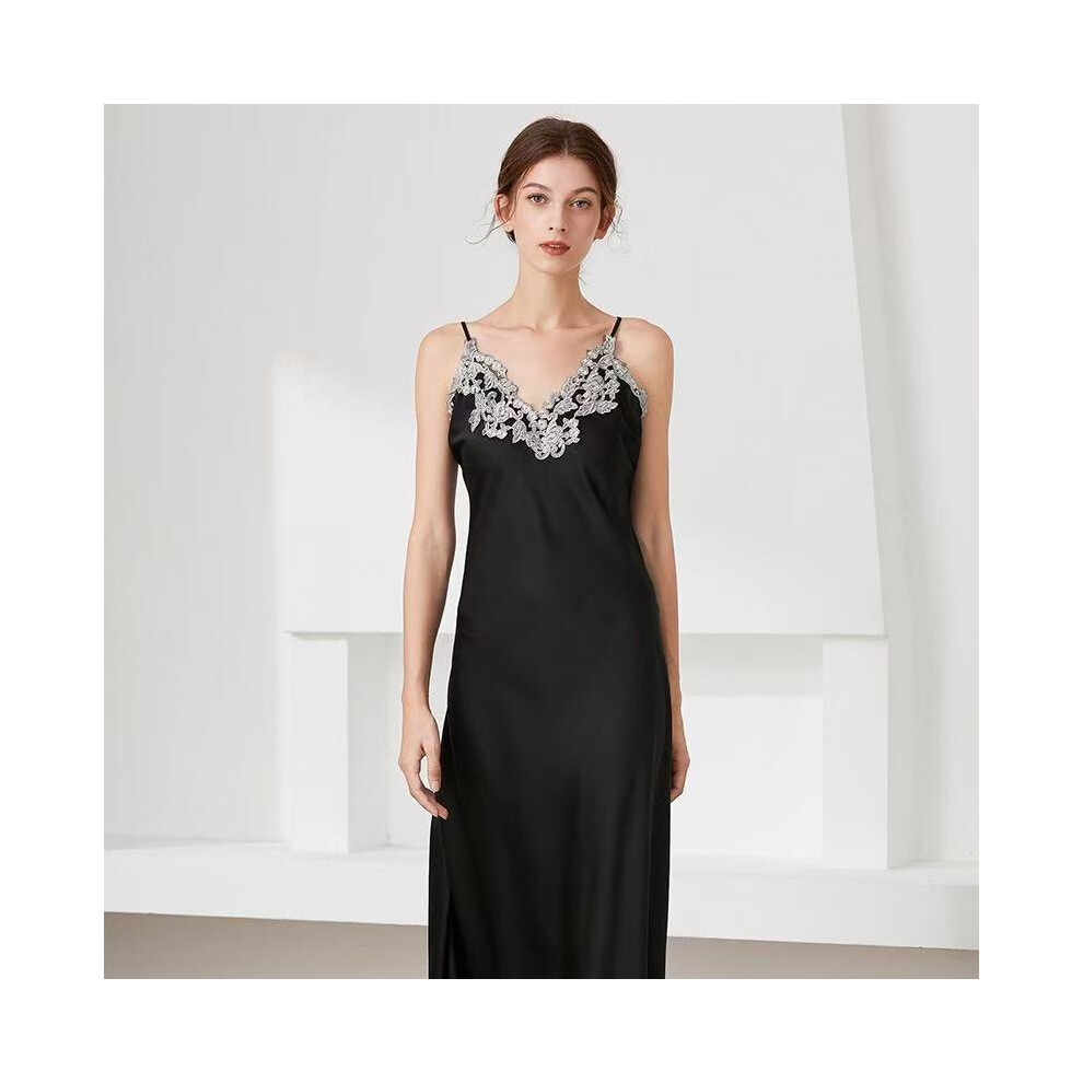(Black, L) Imitation silk pajamas for women, lace sexy V-neck long suspender nightgown, pajamas, home wear-image-OPC-PV8968B-NEW