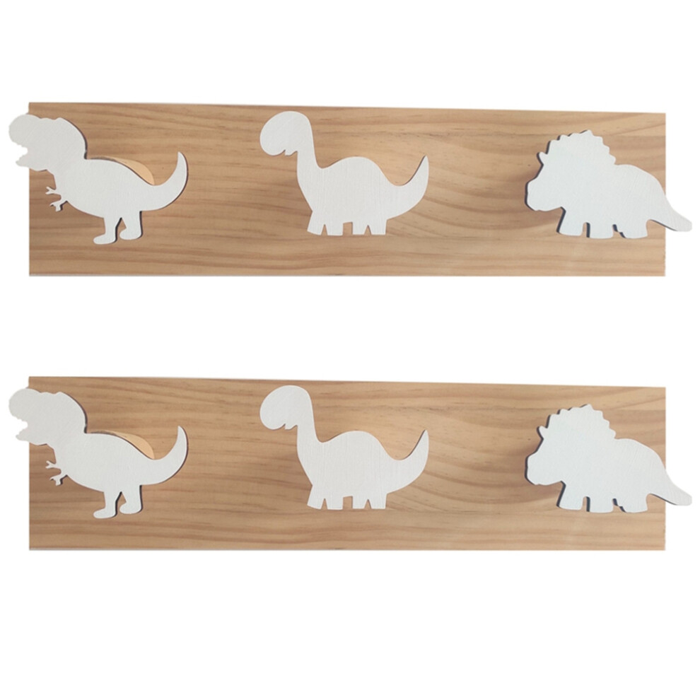2X Kids Dinosaur Wall Mounted Coat Hooks Wooden Door Hanger For Boys Bedroom Nursery Playroom Decorations - White