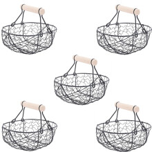 5X Holzgriff Metall Retro Korb Tragbare Multifunktions Gemüse Obst Ei Lebensmittel Praktische Ablagekorb Organizer Schwarz