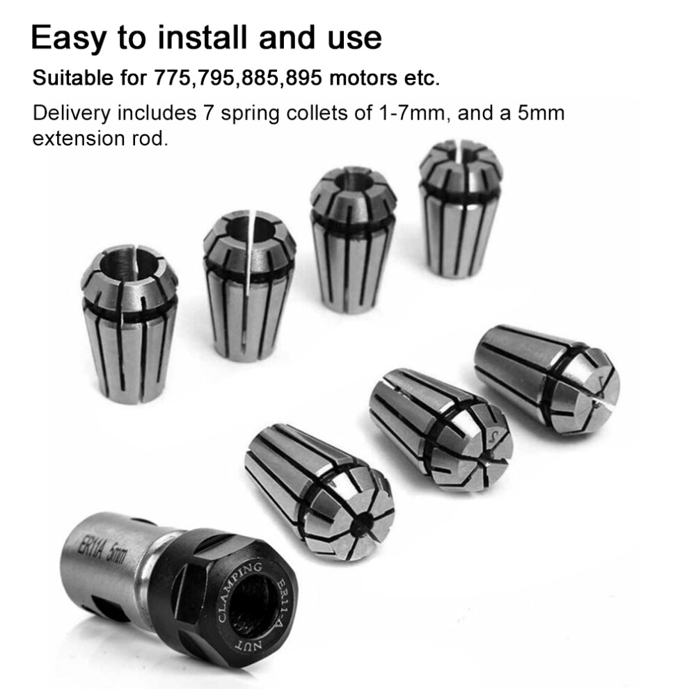 7Pcs ER11 Collets 1-7mm with 5mm Shaft Rod Set