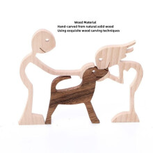 Wooden Dog Carvings Wood Sculpture Puppy and Human Statue Figurine Arts Home Office Ornaments Decorations