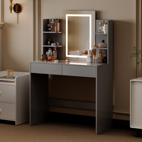 MCC Dressing Table with Mirror, LED Lights and Drawers TEXAS GREY 2