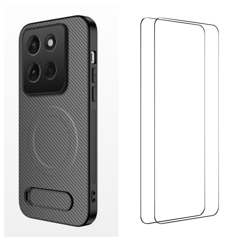 (Grey) Wanlonfeng For Motorola Moto G86 5G Magnetic Case With 2Pcs Tempered Glass Films Qt1 Series Kickstand Carbon Fiber Text Grey 6914294182868