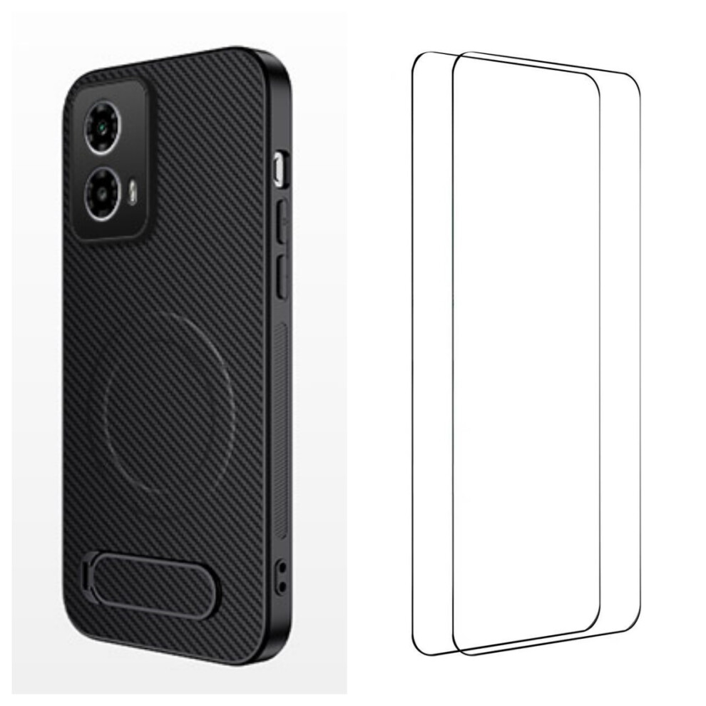 (Black) Wanlonfeng For Motorola Moto G45 5G Magnetic Case With 2Pcs Tempered Glass Films Qt1 Series Kickstand Carbon Fiber Text Black 6914290494125