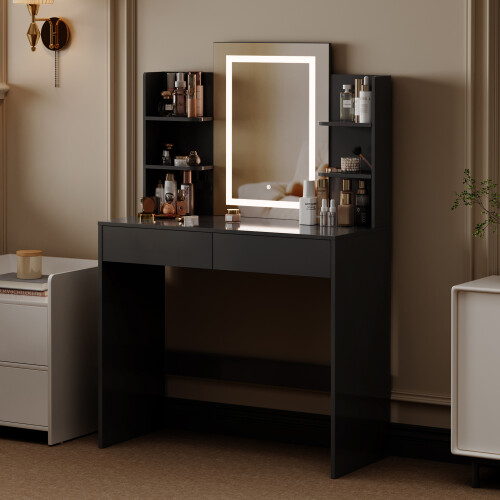 MCC Dressing Table, Vanity Desk with Mirror, LED Lights and Drawers TEXAS BLACK 2