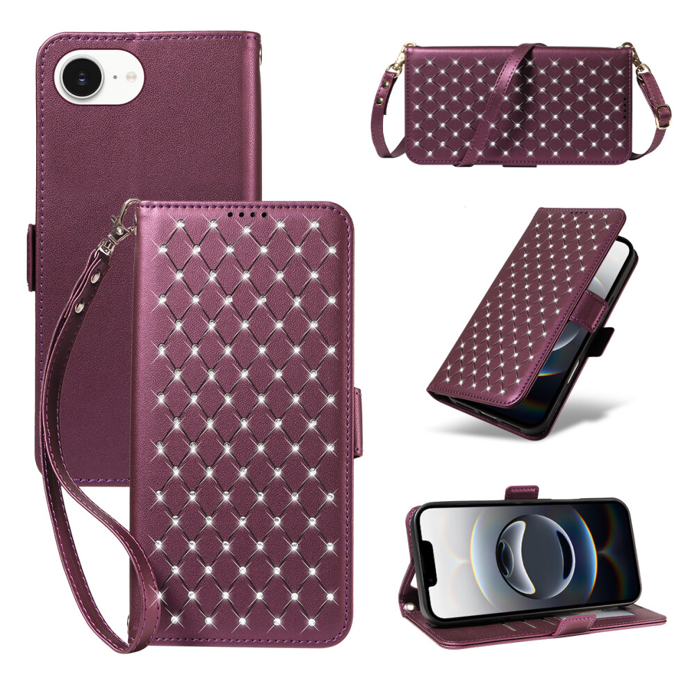 (Purple) For Iphone 17E / 16E Leather Case Rhinestone Decor Rhombus Pattern Wallet Stand Flip Phone Cover With Straps Purple 6914299553410